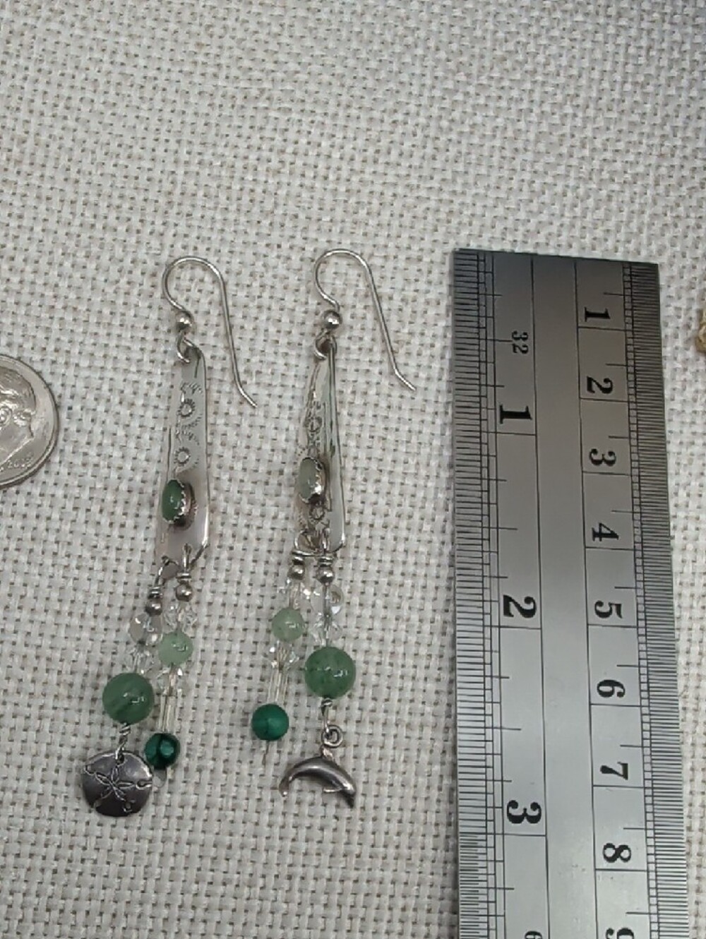 Vintage 925 Sterling Silver Green Stone Dolphin Sand Dollar Dangle Earrings - Picture 6 of 17